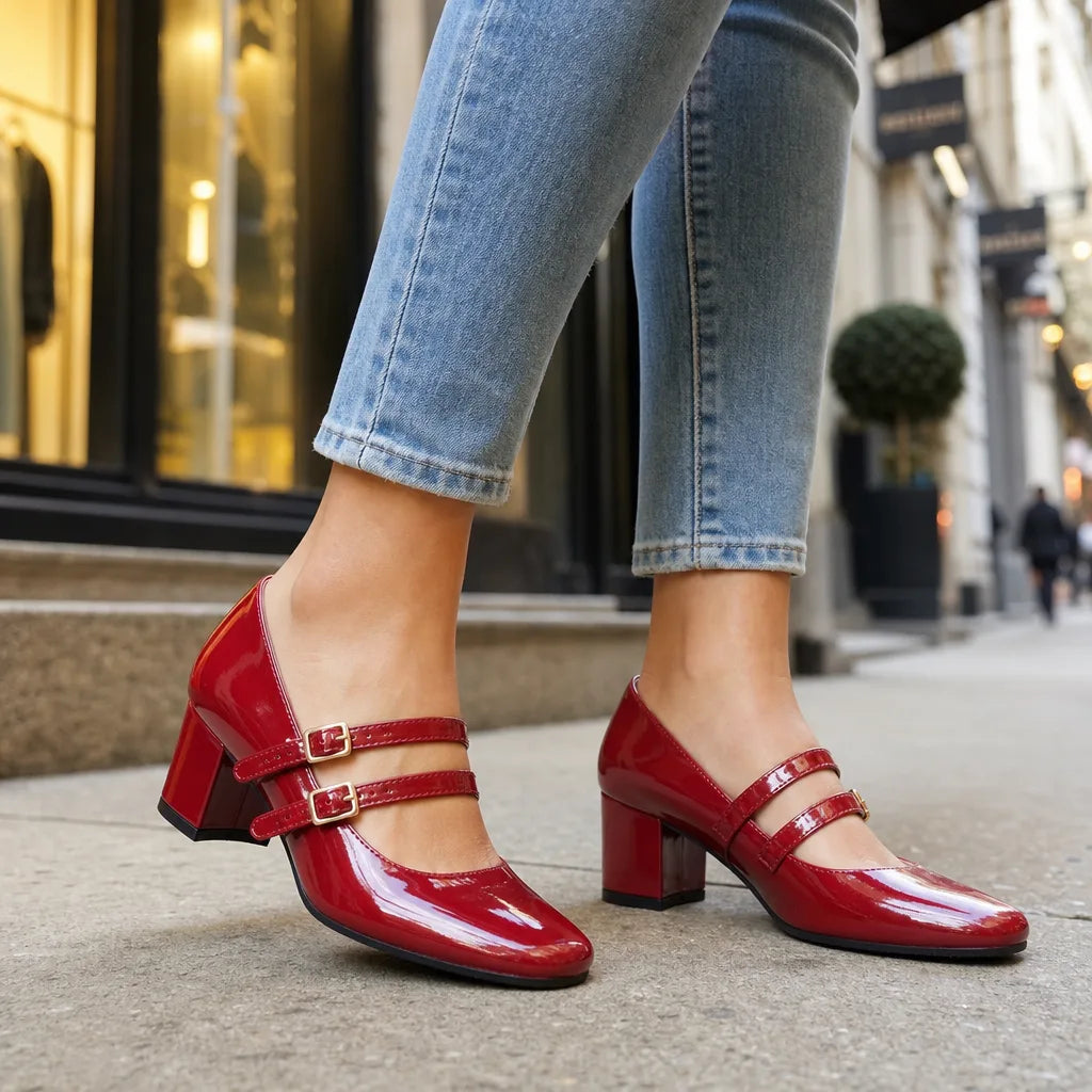 Clarvine | Women's Mary Jane Block Heel Pumps - Red - Image 1