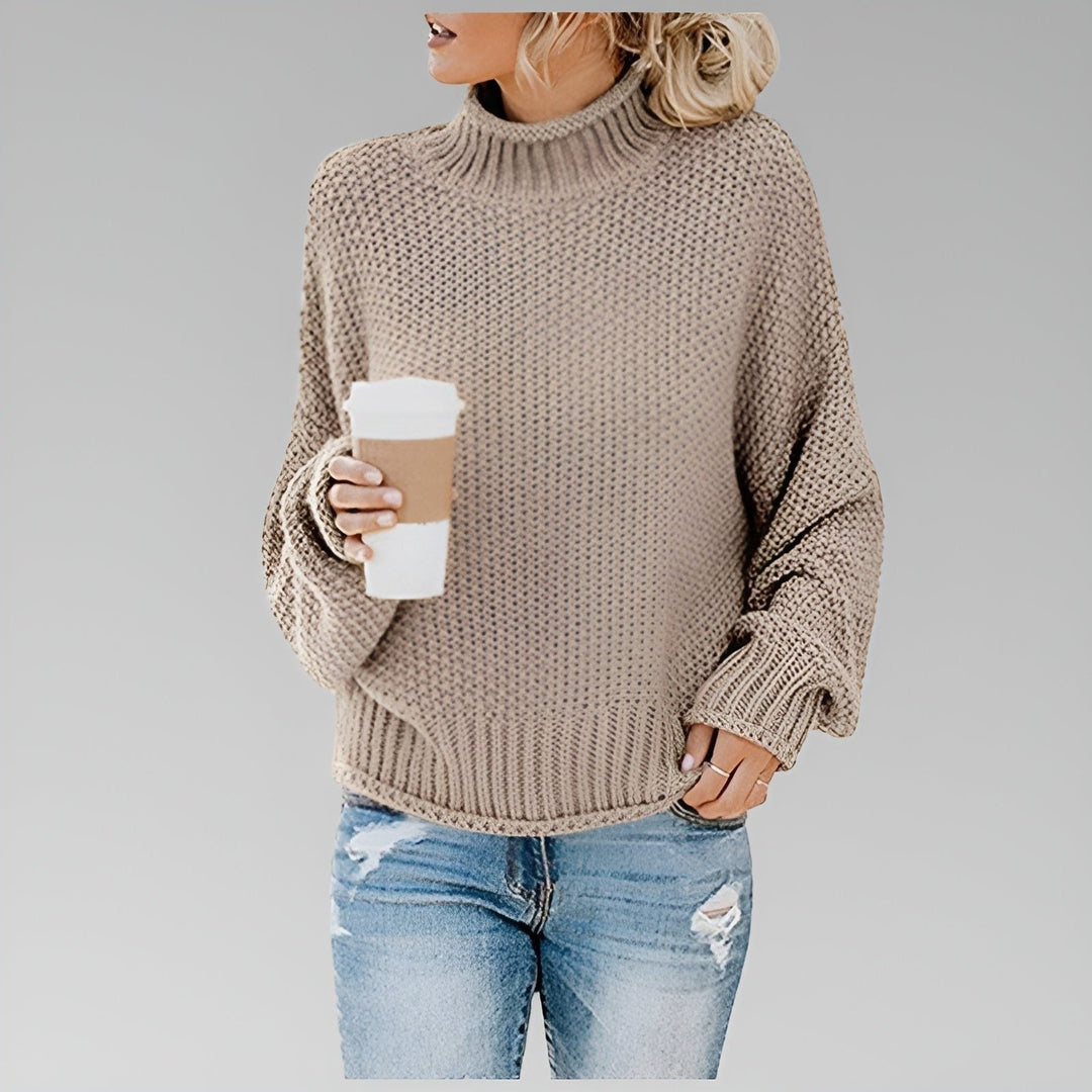 Claveth | Women's Turtleneck Chunky Knit Sweater - Taupe - Image 1