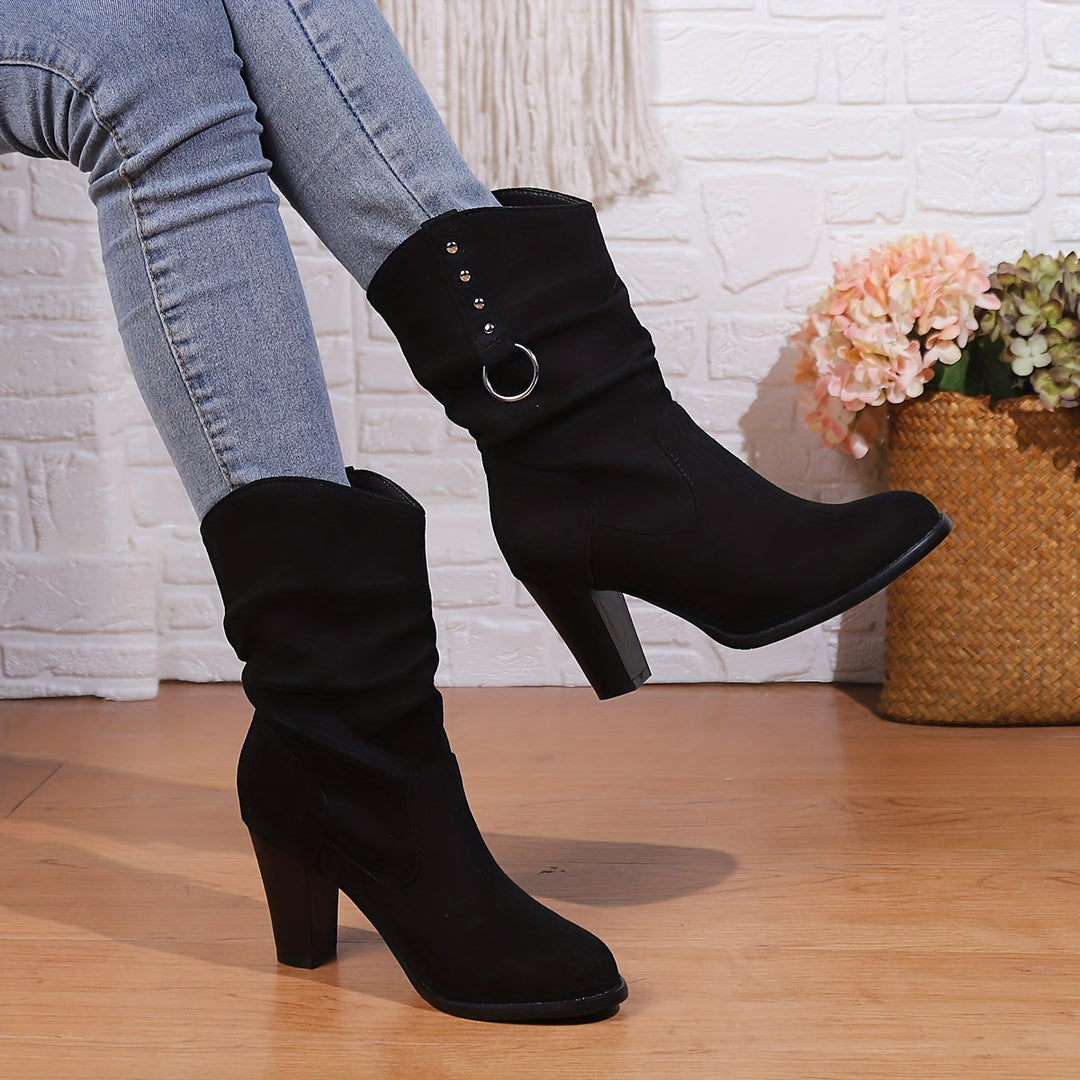 Clavorna | Women's Slouchy Western Mid-Calf Boots - Black - Image 1