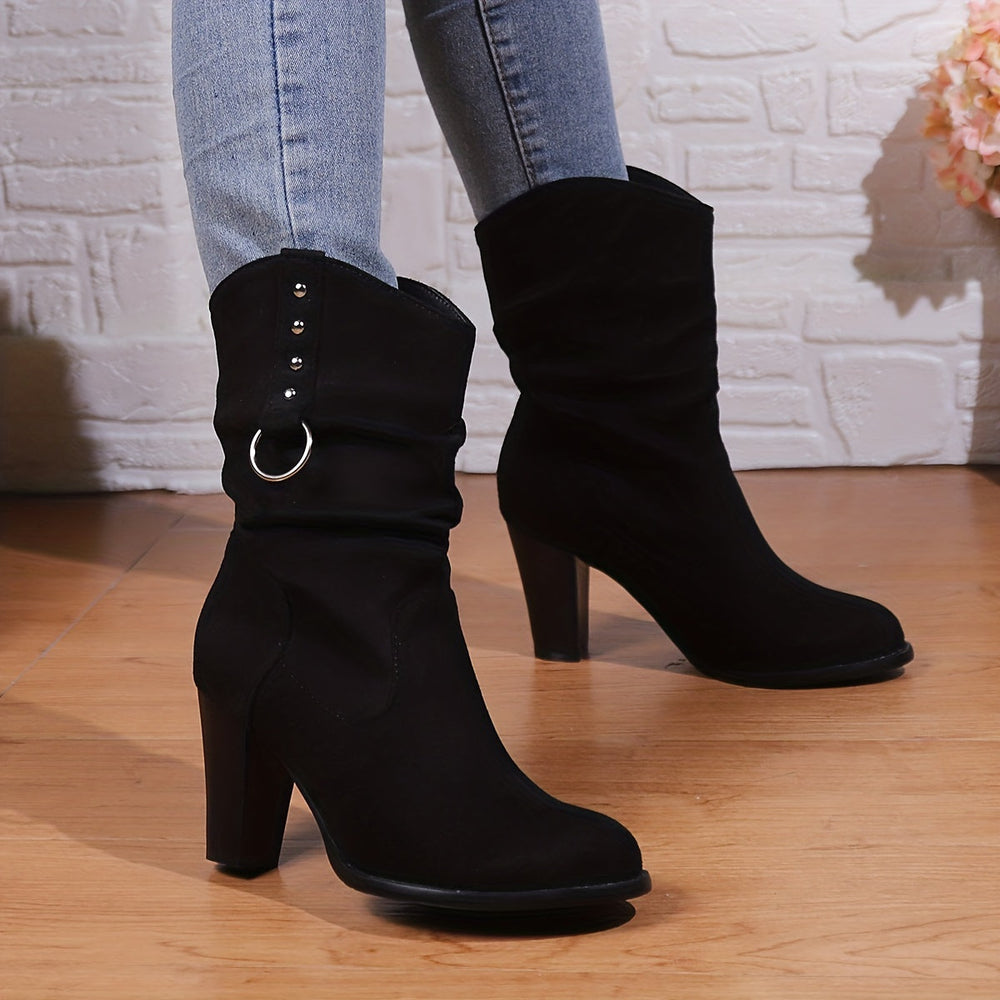 Clavorna | Women's Slouchy Western Mid-Calf Boots - Black - Image 2
