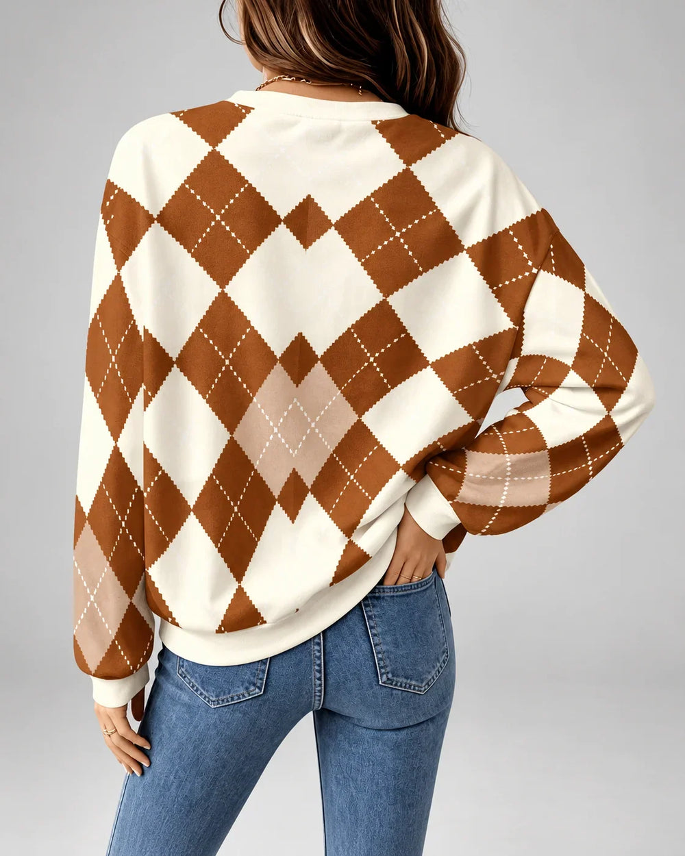 Cloveryn | Women's Argyle Knit Sweater Crew Neck - Image 2