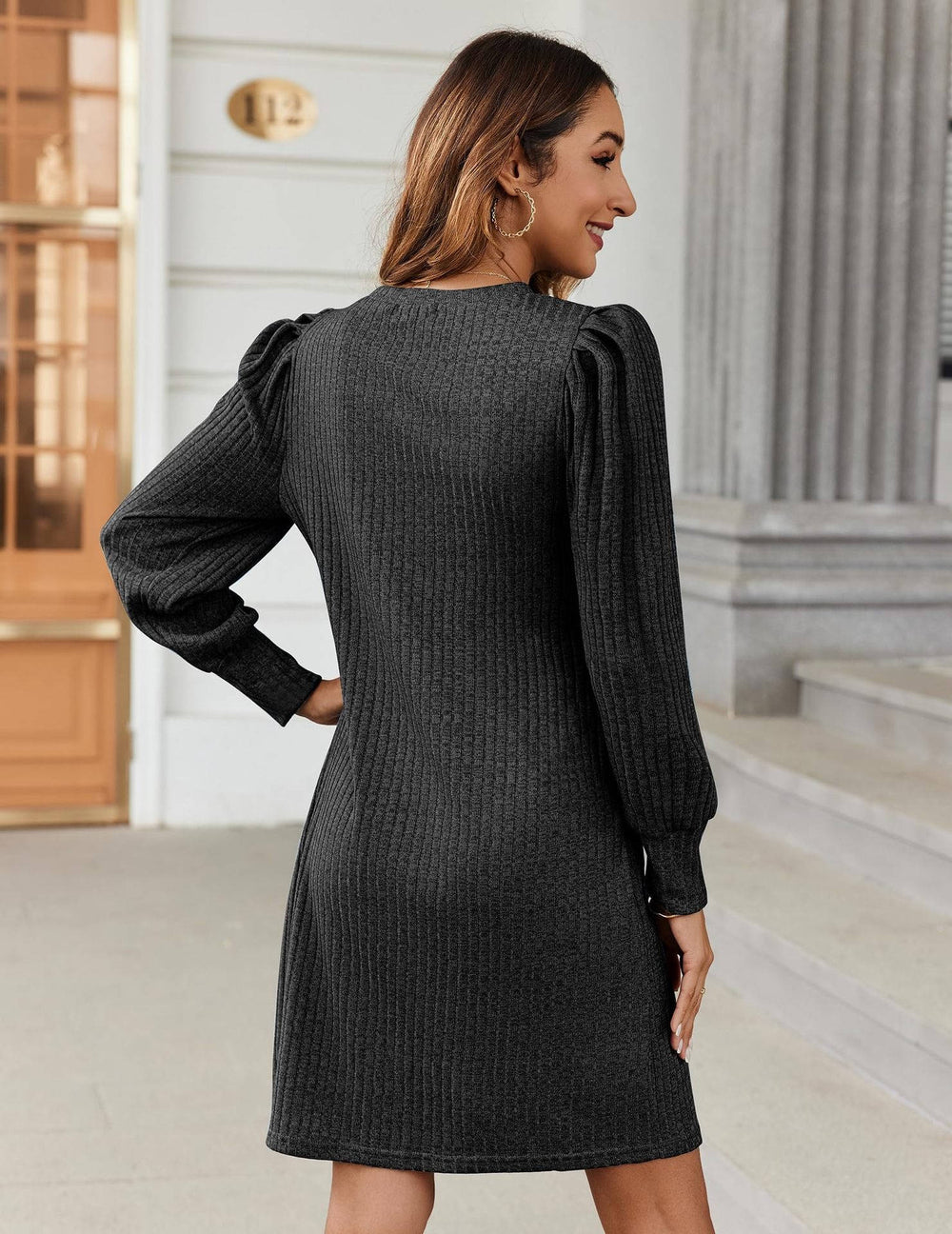 Colvaine | Women's Puff Sleeve Sweater Dress - Black - Image 2