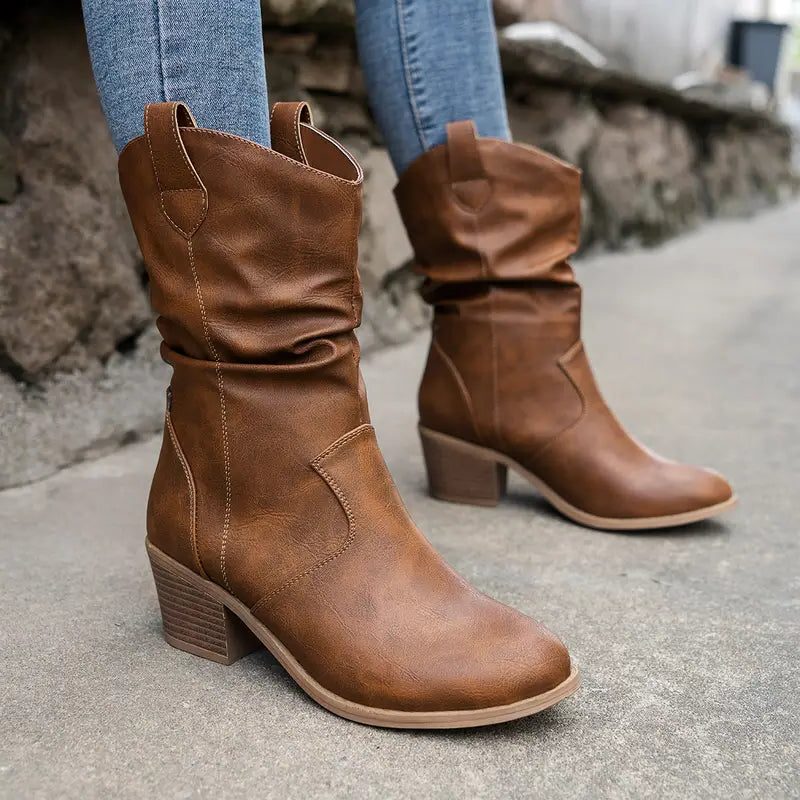 Colvara | Women's Slouchy Mid-Calf Block Heel Boots - Brown - Image 1
