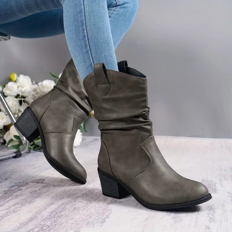 Colvara | Women's Slouchy Mid-Calf Block Heel Boots - Brown - Image 2