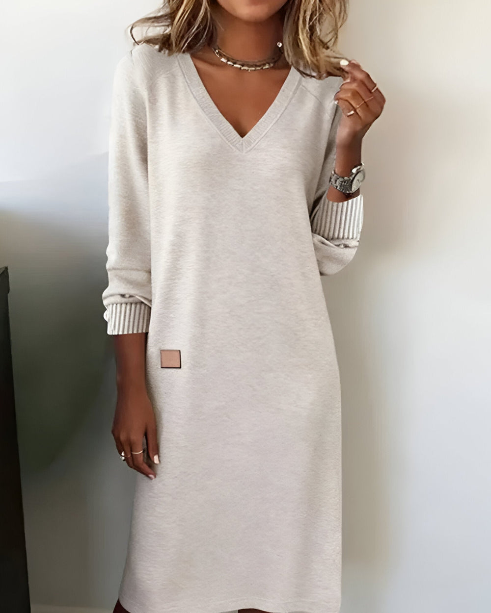 Corabeth | Women's Long Sleeve Sweater Dress - Light Grey - Image 2