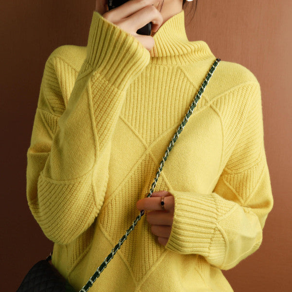 Corenna | Women's Turtleneck Diamond Knit Sweater - Cream - Image 2
