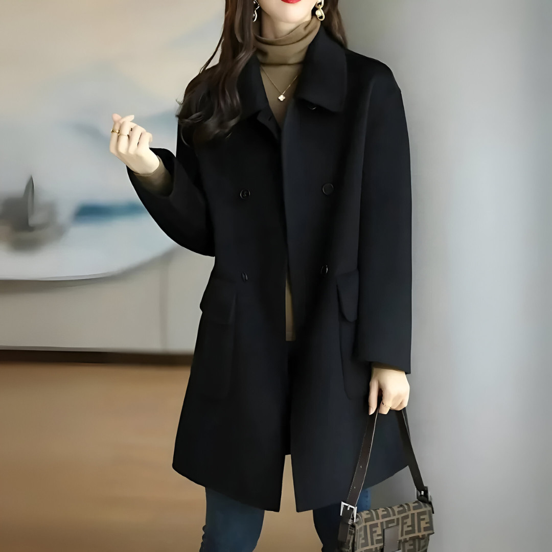 Coreva | Women's Double-Breasted Long Winter Coat - Black - Image 1