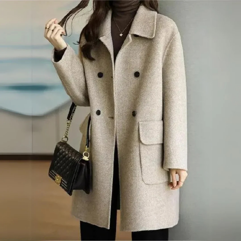 Coreva | Women's Double-Breasted Long Winter Coat - Black - Image 2