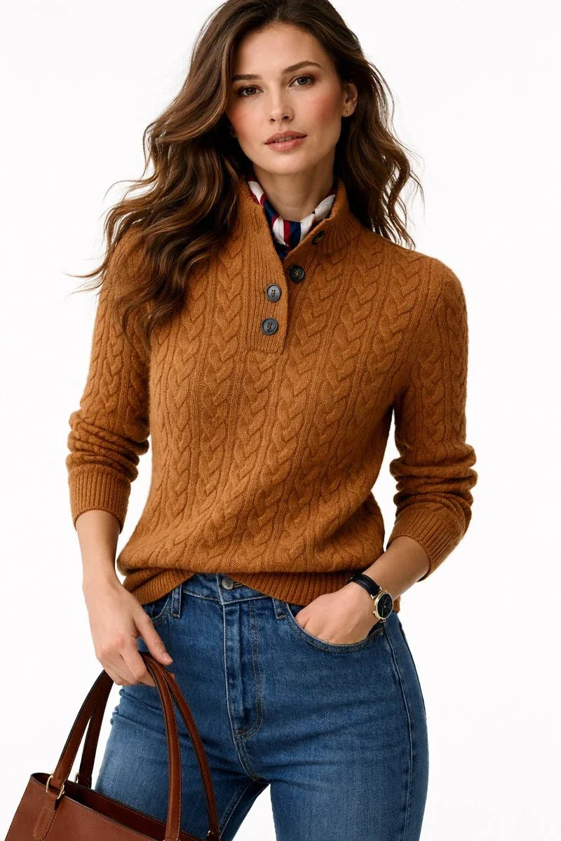 Corindra | Women's Cable Knit Mock Neck Sweater - Camel - Image 1