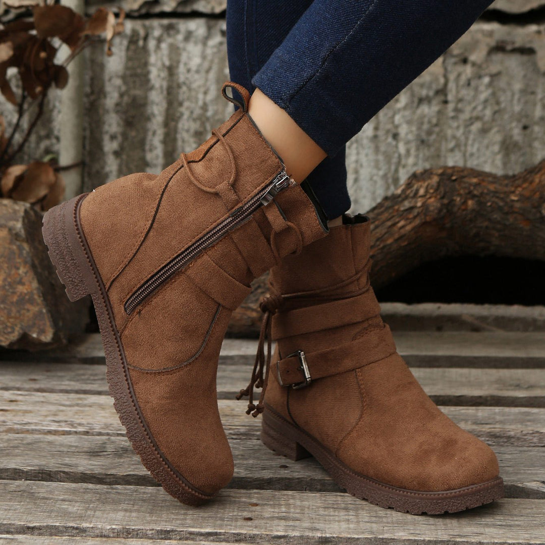 Corvaine | Women's Suede Ankle Boots with Buckle - Brown - Image 1