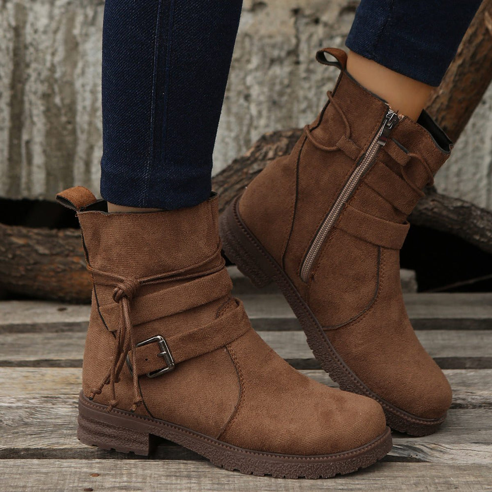 Corvaine | Women's Suede Ankle Boots with Buckle - Brown - Image 2