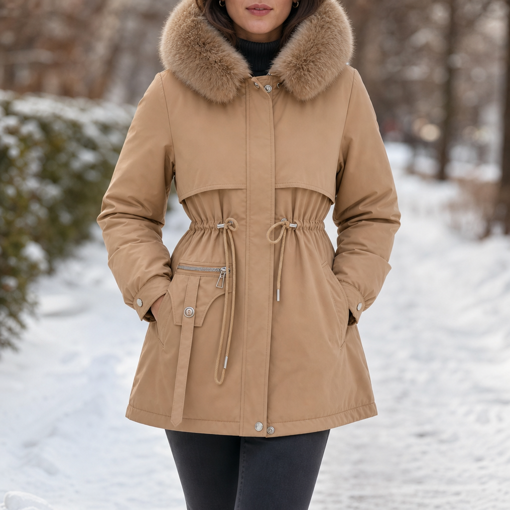 Corvane | Women's Puffer Parka Jacket Fur-Trim Hood - Camel - Image 1