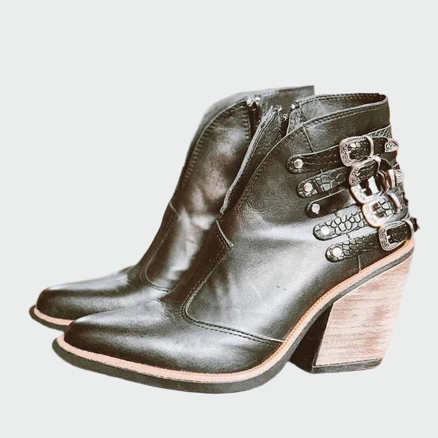 Corvelyn | Women's Buckle Ankle Boots Block Heel - Black - Image 1