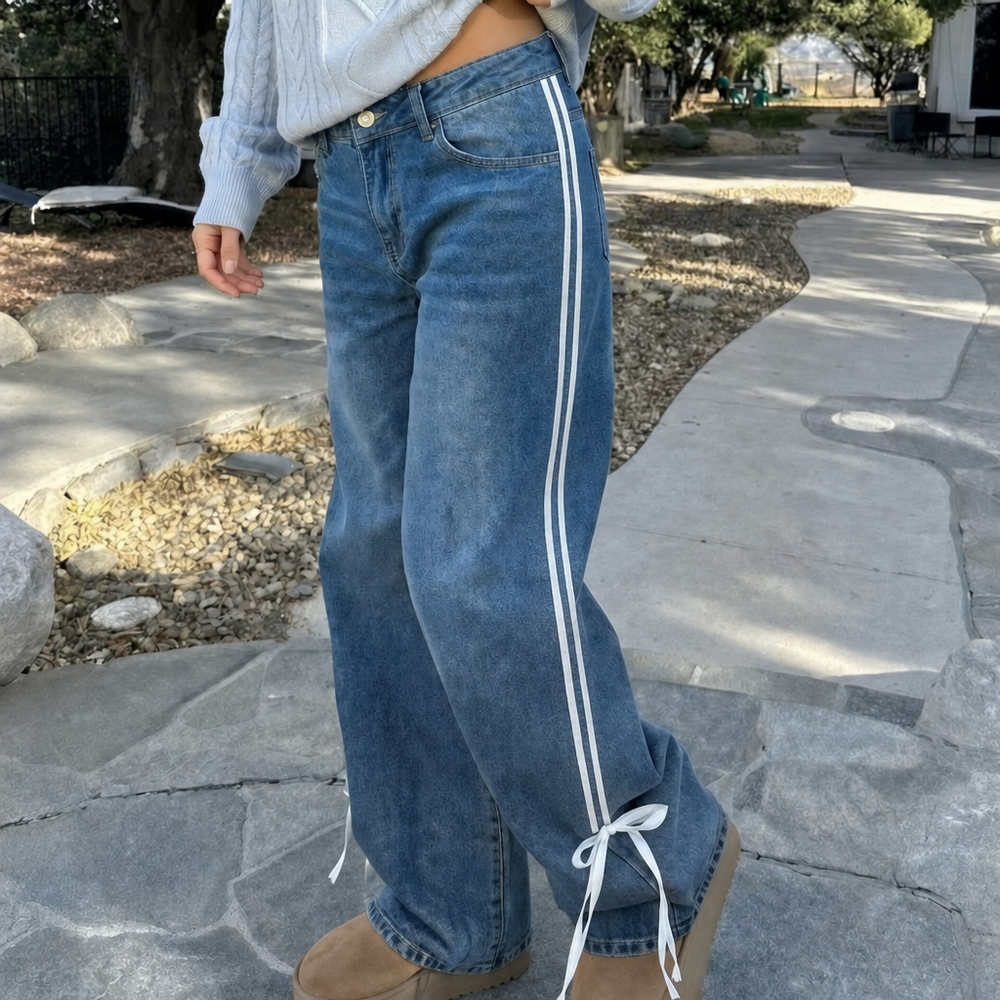Corveth | Women's Baggy Wide Leg Jeans Side Stripe - Blue - Image 2