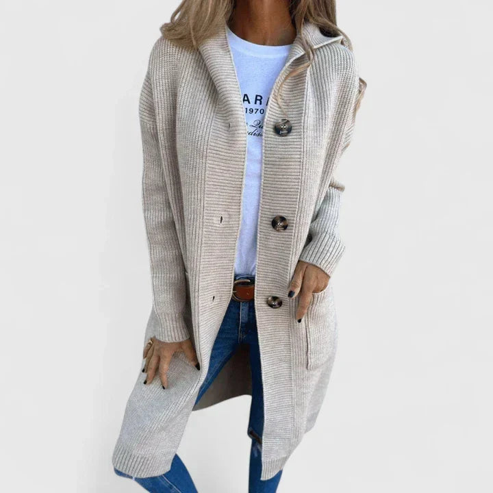 Corveth | Women's Hooded Button-Front Long Cardigan - Beige - Image 1