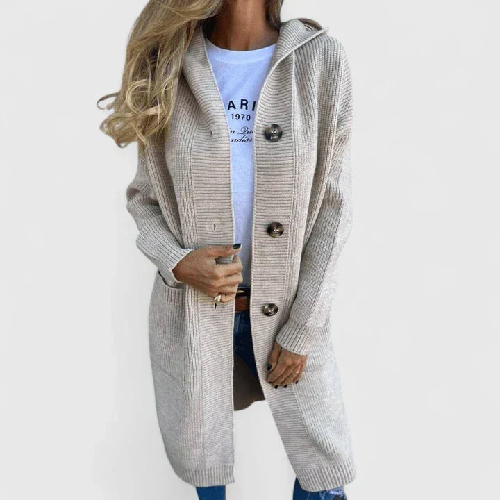 Corveth | Women's Hooded Button-Front Long Cardigan - Beige - Image 2