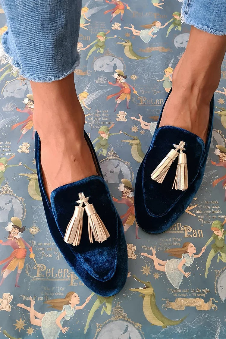 Corwenna | Women's Velvet Tassel Loafer Flats - Navy - Image 1