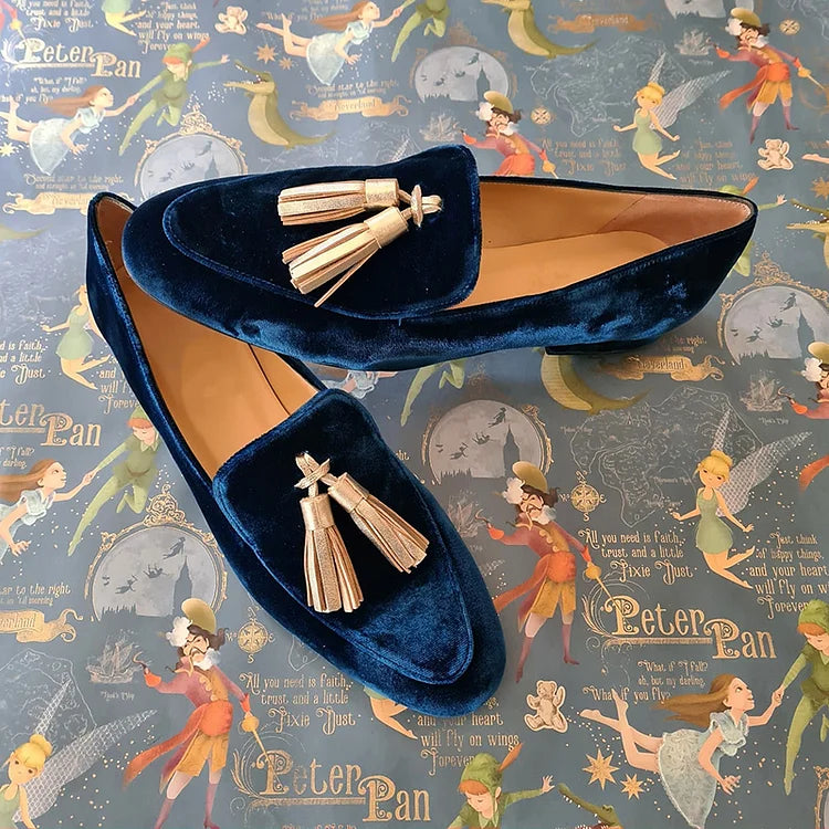 Corwenna | Women's Velvet Tassel Loafer Flats - Navy - Image 2