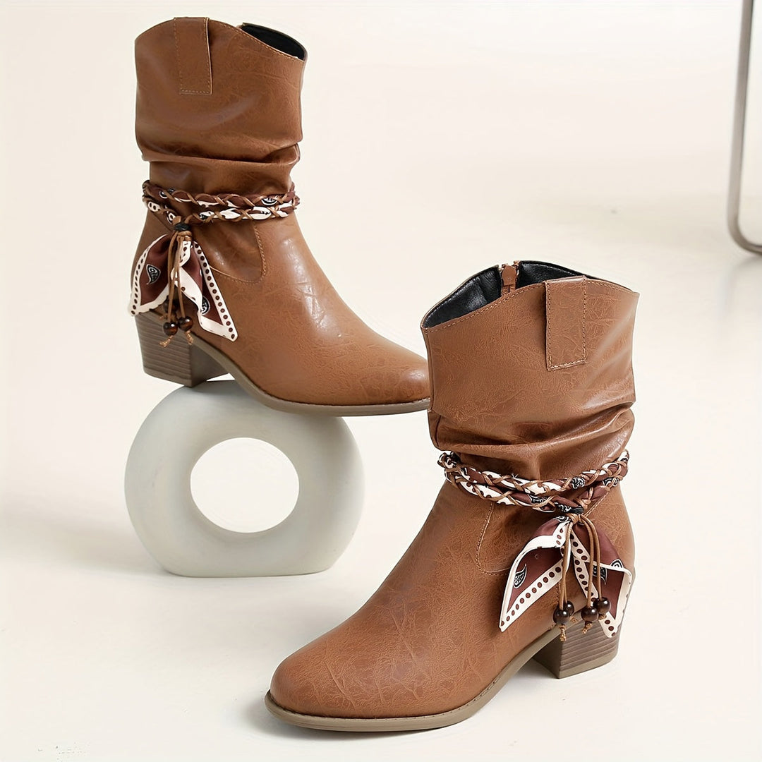 Darcy | Women's Slouch Ankle Boot with Bandana Charm - Brown - Image 1