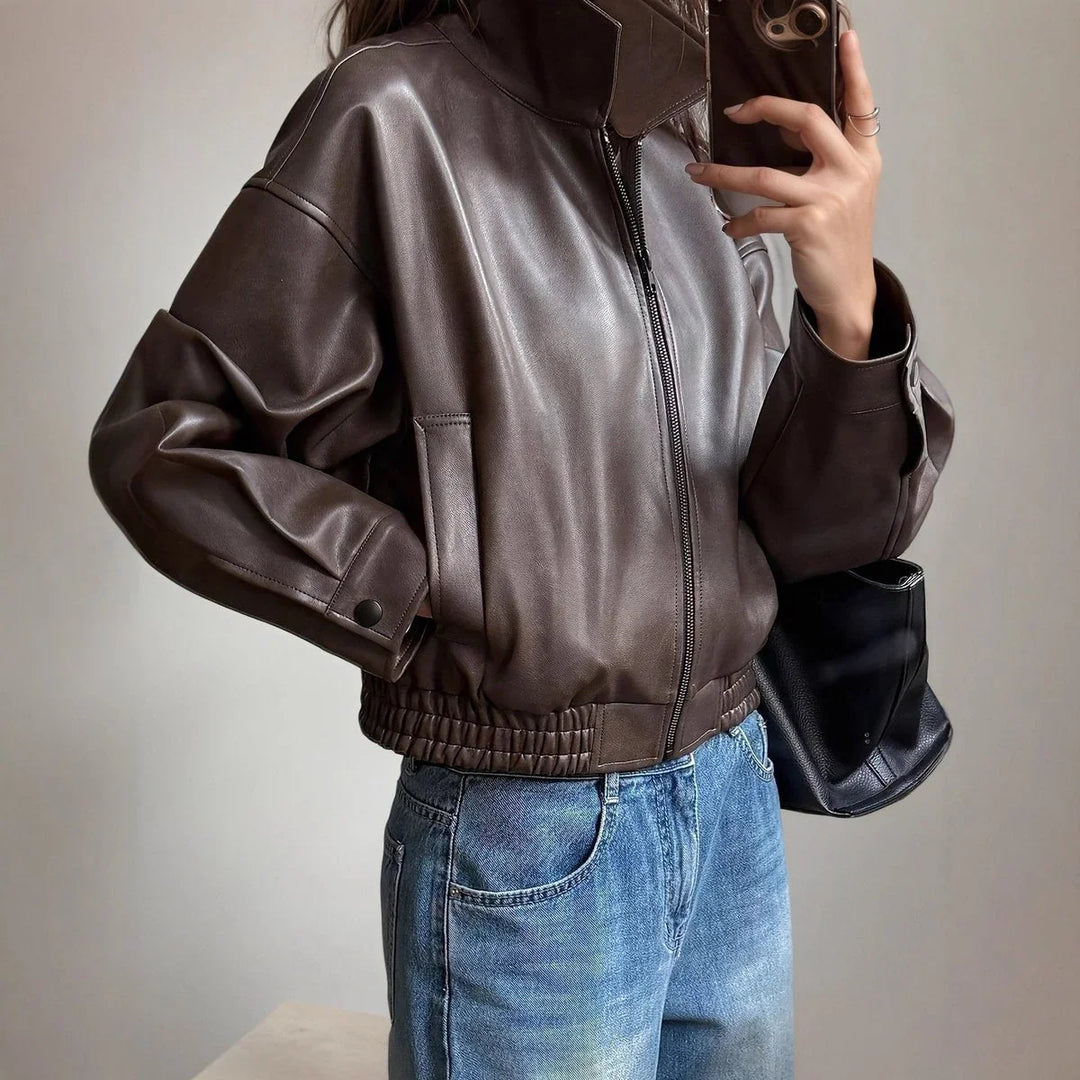 Darienne | Women's Leather Bomber Jacket - Brown - Image 1
