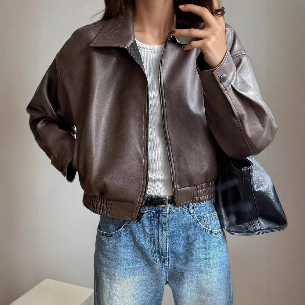 Darienne | Women's Leather Bomber Jacket - Brown - Image 2