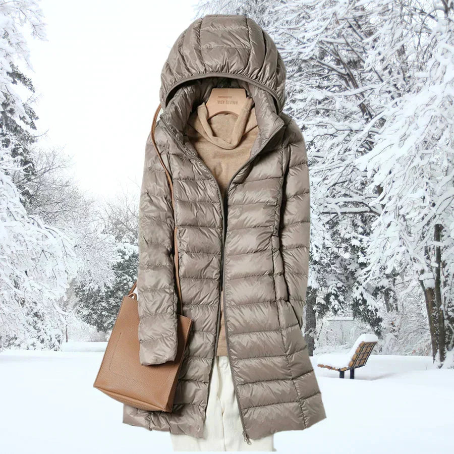 Darvina | Women's Hooded Puffer Jacket Mid-Length - Taupe - Image 1