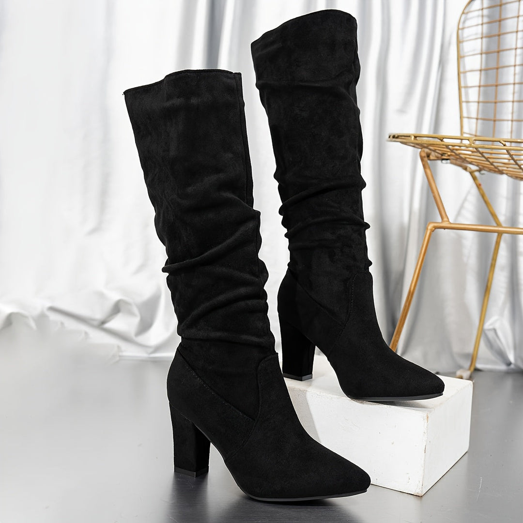 Dawnvra | Women's Knee-High Slouch Block Heel Boots - Black - Image 1