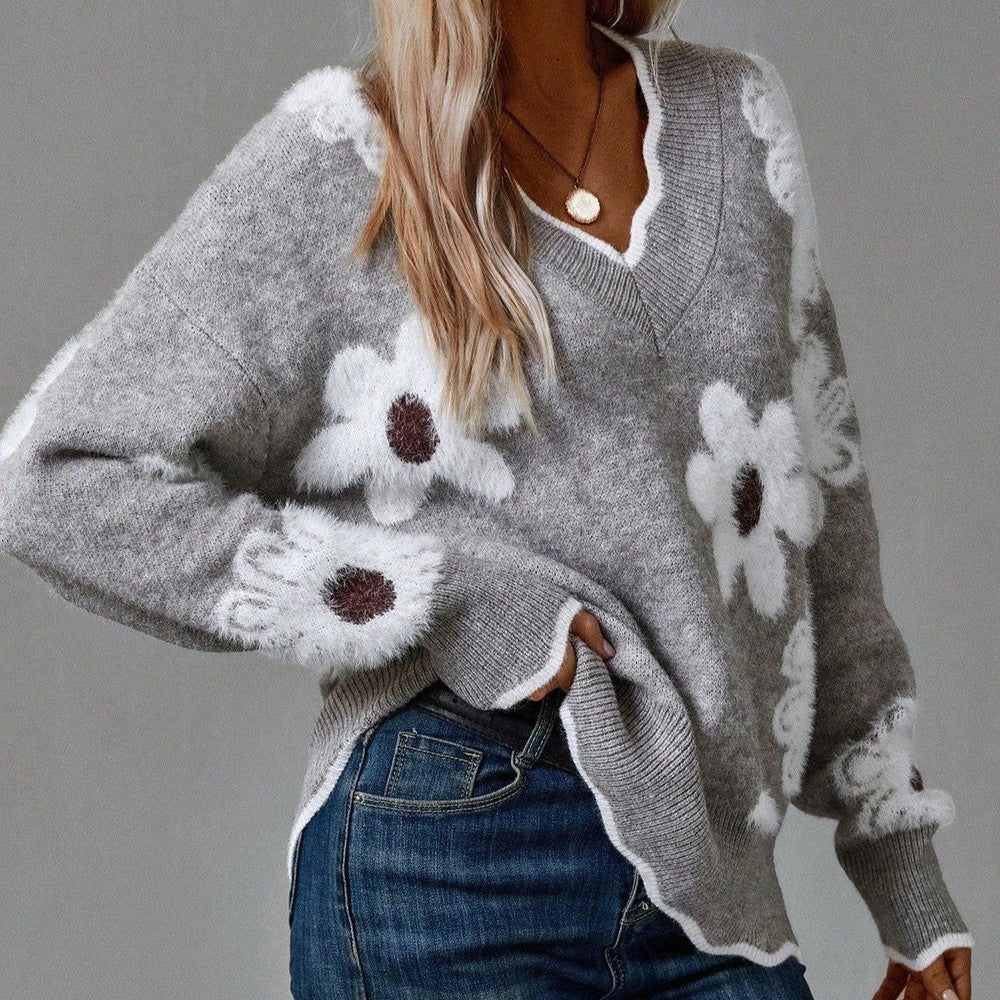 Delvaine | Women's Floral Knit V-Neck Sweater - Grey - Image 1