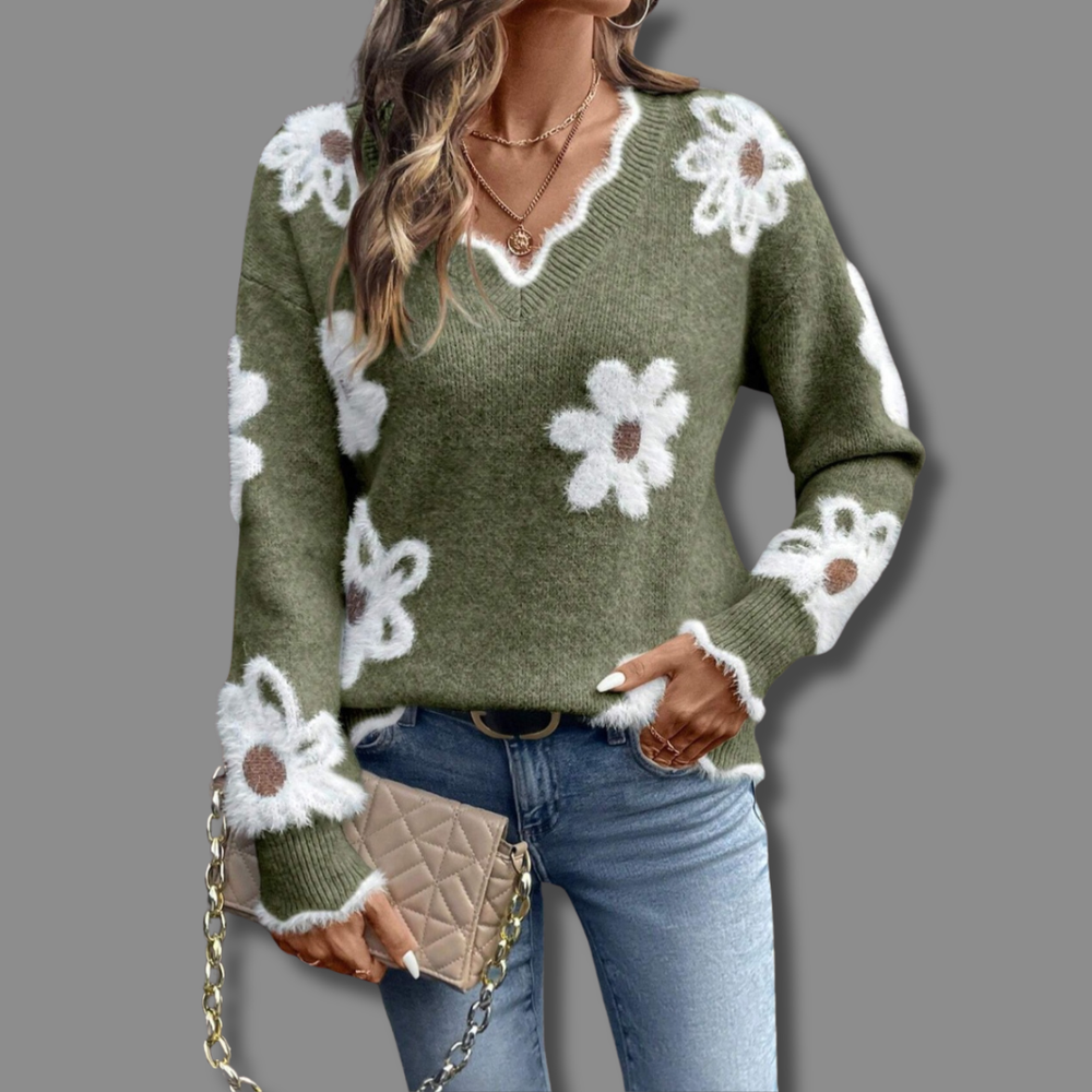 Delvaine | Women's Floral Knit V-Neck Sweater - Grey - Image 2