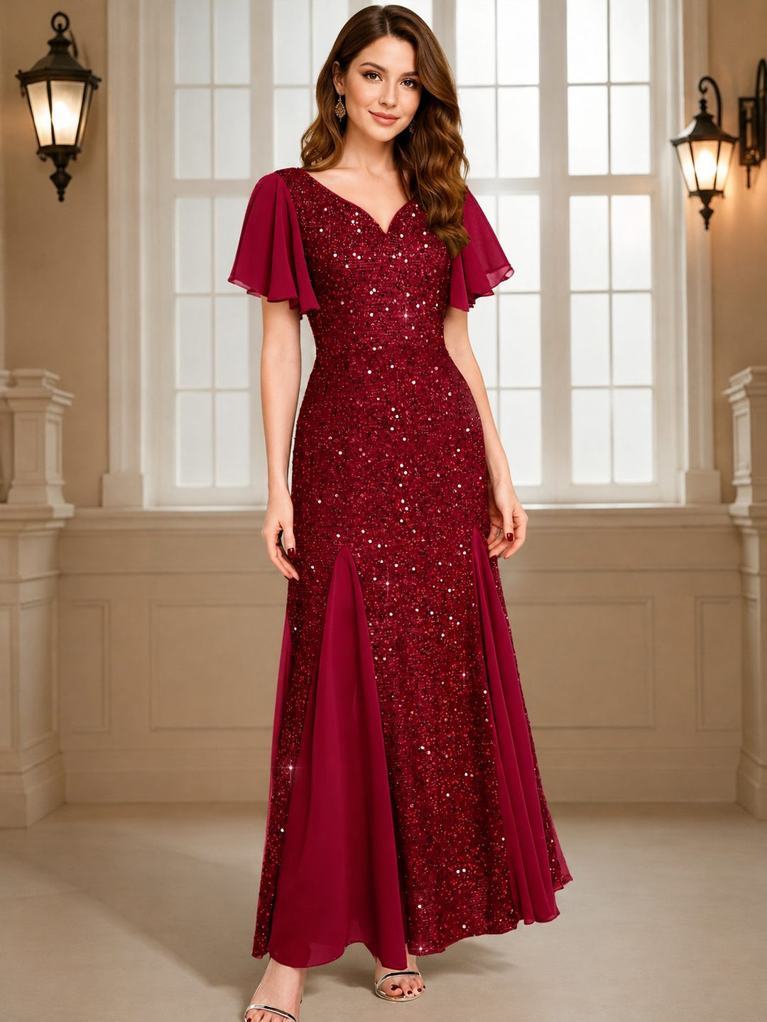 Delvara | Women's Sequin Party Maxi Dress - Burgundy - Image 1