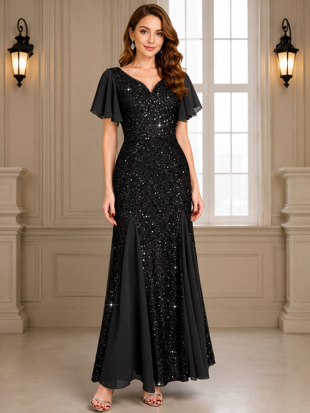 Delvara | Women's Sequin Party Maxi Dress - Burgundy - Image 2