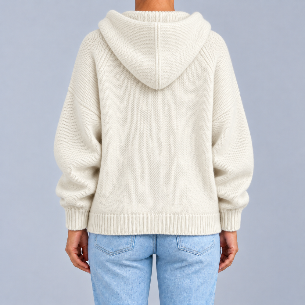 Delvisse | Women's Knit Zip-Up Hoodie Sweater - Cream - Image 2