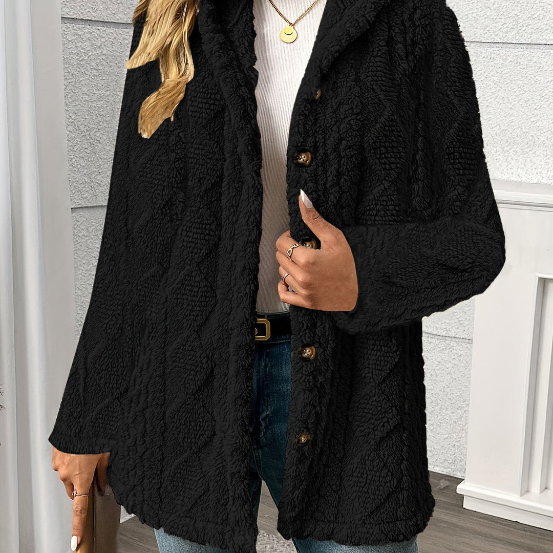 Delvora | Women's Sherpa Coat Button-Front - Black - Image 1
