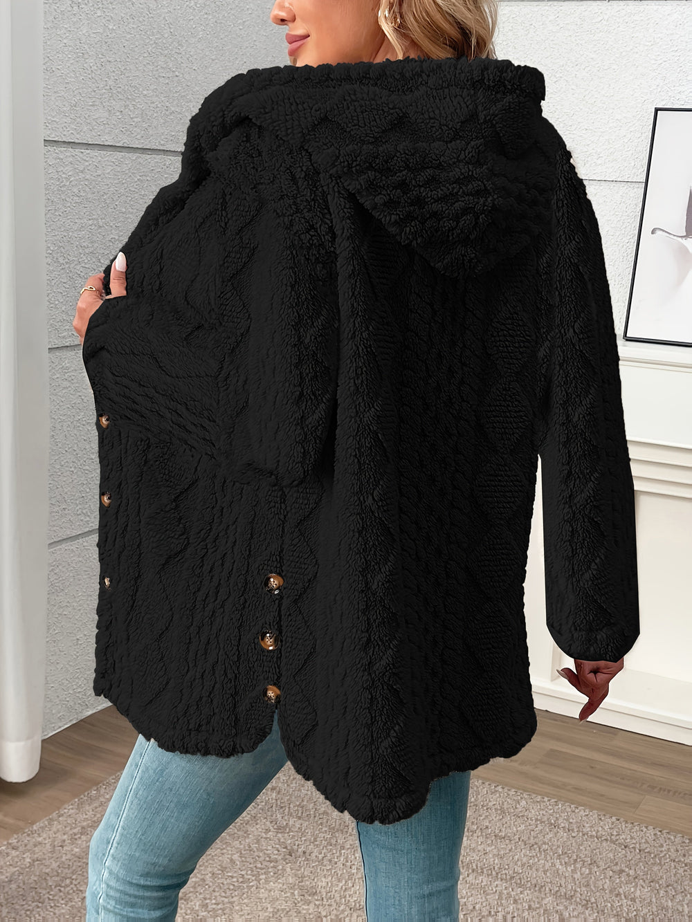 Delvora | Women's Sherpa Coat Button-Front - Black - Image 2