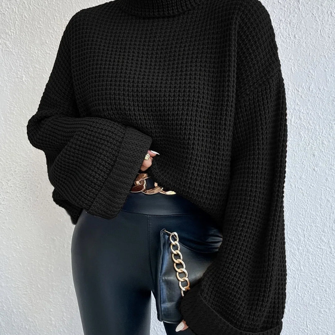 Delvorna | Women's Waffle Knit Turtleneck Sweater - Black - Image 1
