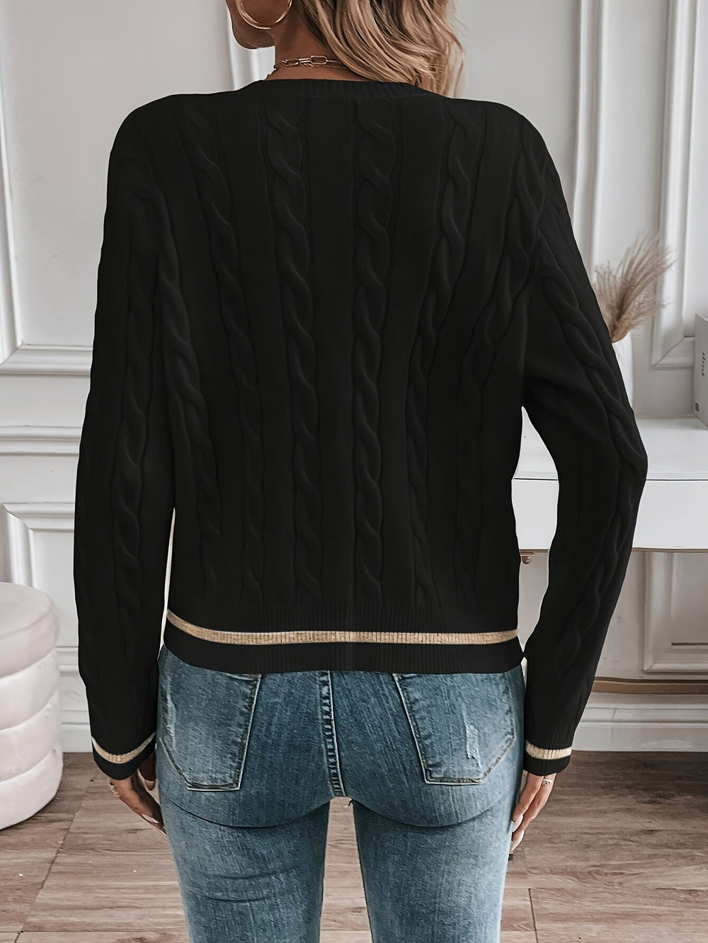 Delvwyn | Women's Cable Knit Button-Up Cardigan - Black - Image 2