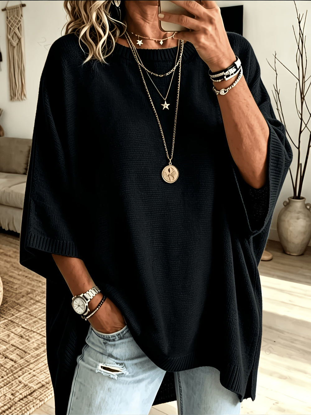 Dravell | Women's Knit Sweater Batwing Poncho - Black - Image 2