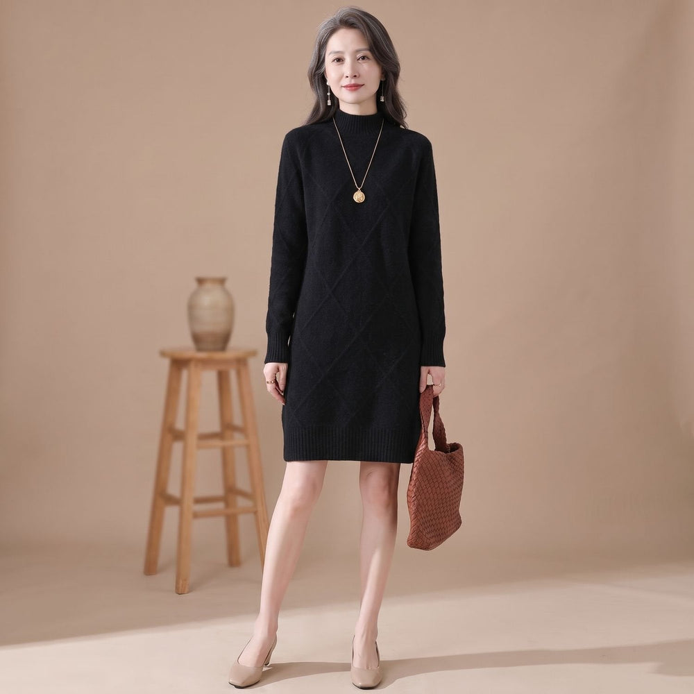 Dravella | Women's Mock-Neck Diamond Knit Sweater Dress - Red - Image 2