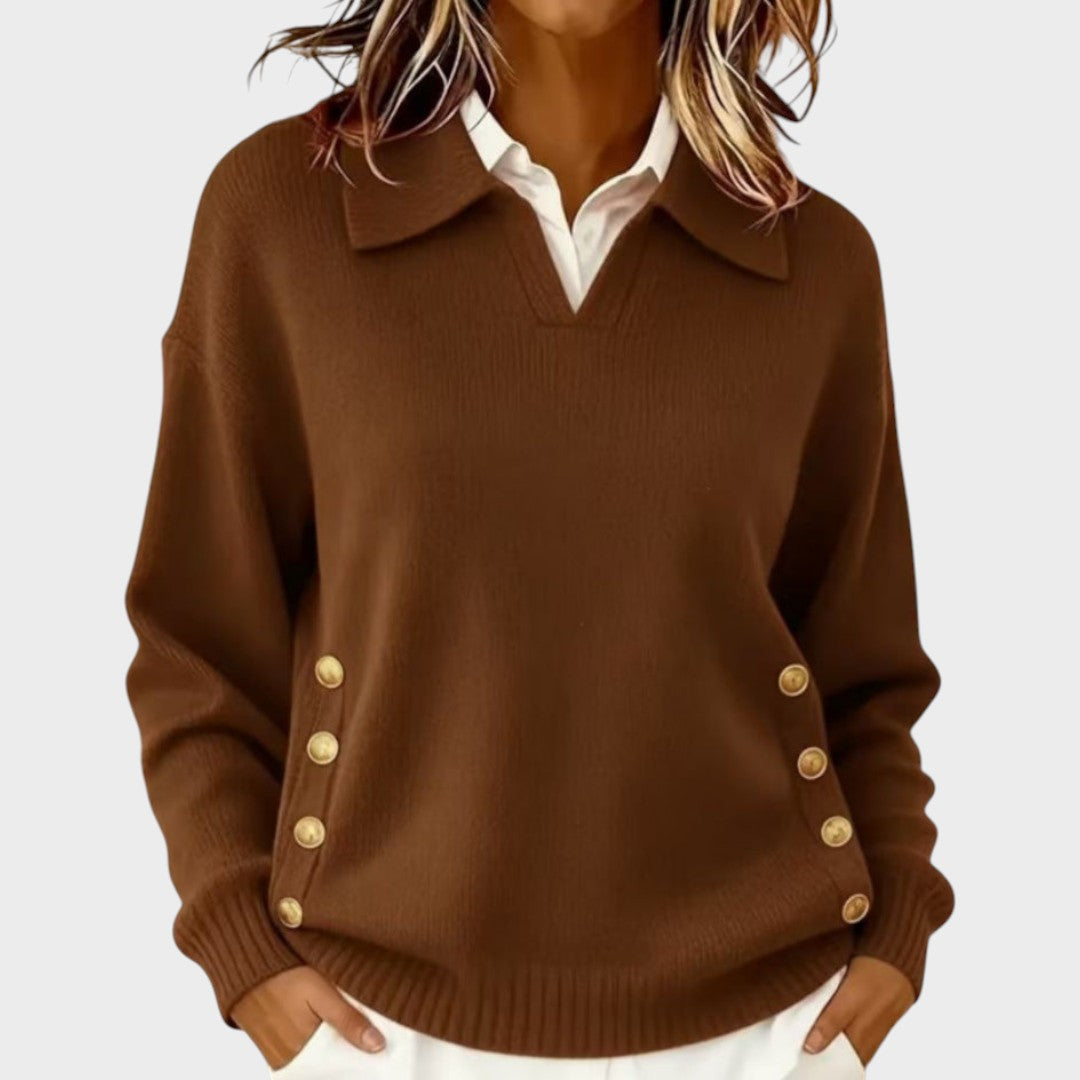 Draveth | Women's Collared Knit Pullover Sweater - Brown - Image 1
