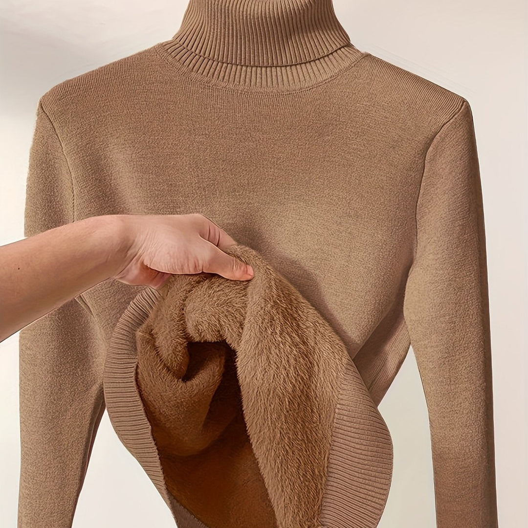Dravora | Women's Fleece-Lined Turtleneck Sweater - Camel - Image 1