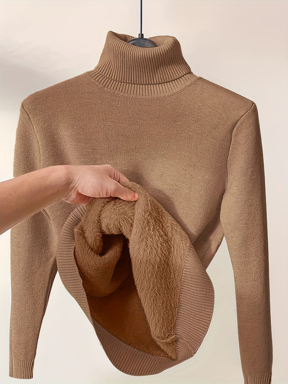Dravora | Women's Fleece-Lined Turtleneck Sweater - Camel - Image 2