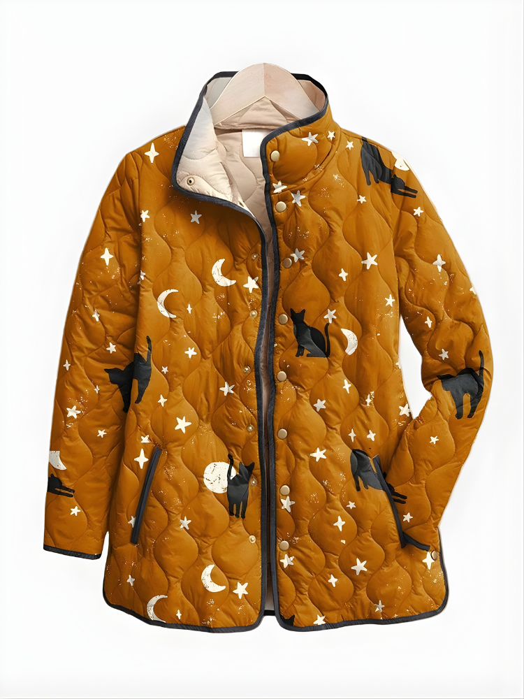 Dravora | Women's Quilted Puffer Jacket Cat Print - Orange - Image 1