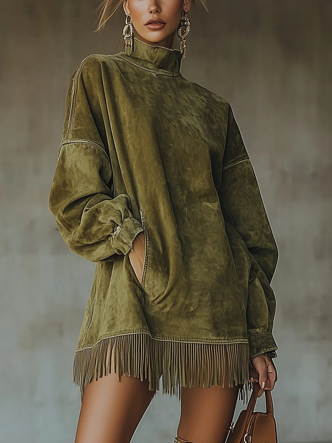 Drexana | Women's Oversized Sweater Dress with Fringe - Olive Green - Image 1