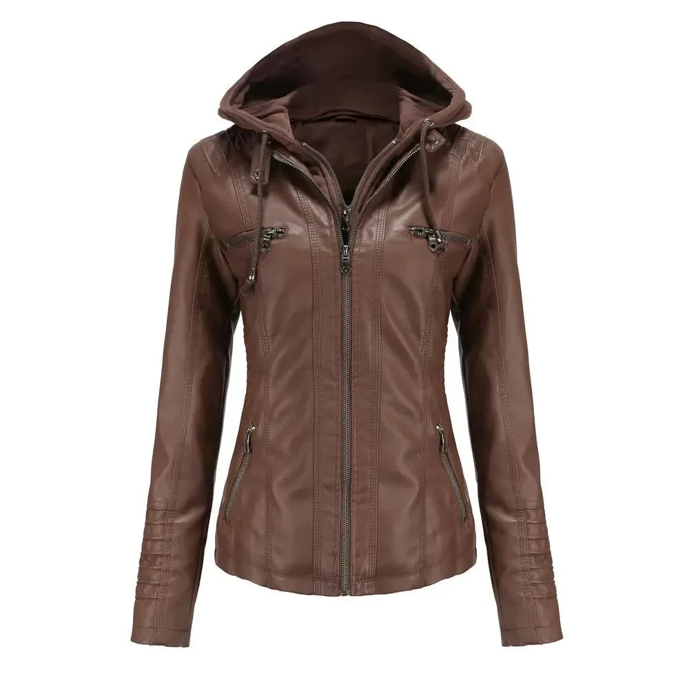 Drexelle | Women's Hooded Faux Leather Moto Jacket - Image 1