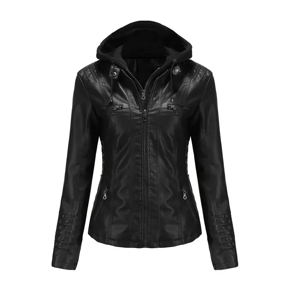 Drexelle | Women's Hooded Faux Leather Moto Jacket - Image 2
