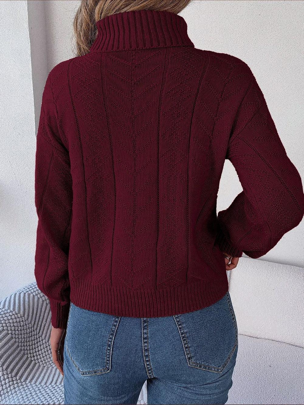 Drexelle | Women's Turtleneck Cable Knit Sweater - Burgundy - Image 2