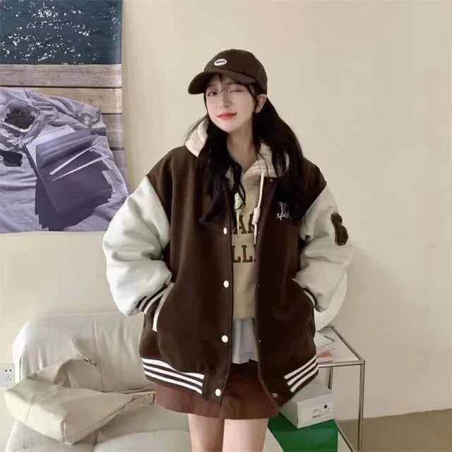 Fenara | Women's Oversized Varsity Bomber Jacket - Brown - Image 1