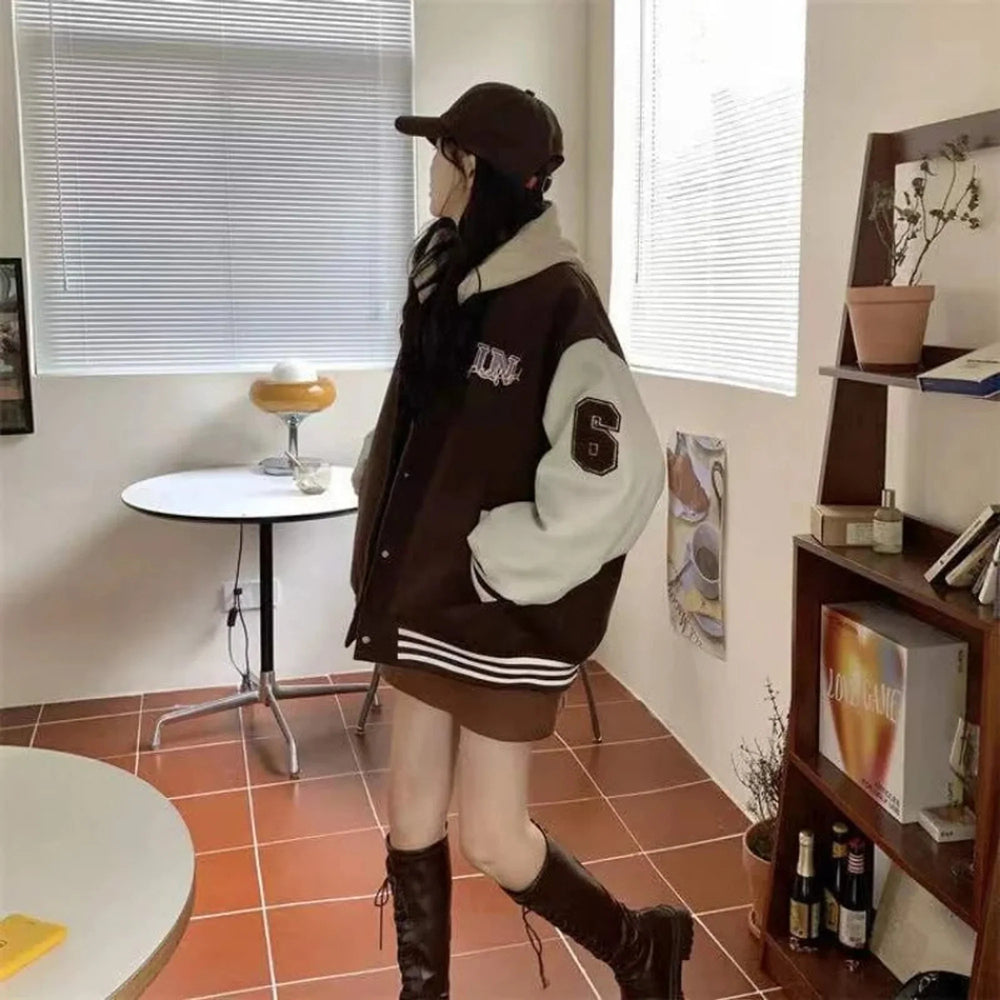 Fenara | Women's Oversized Varsity Bomber Jacket - Brown - Image 2