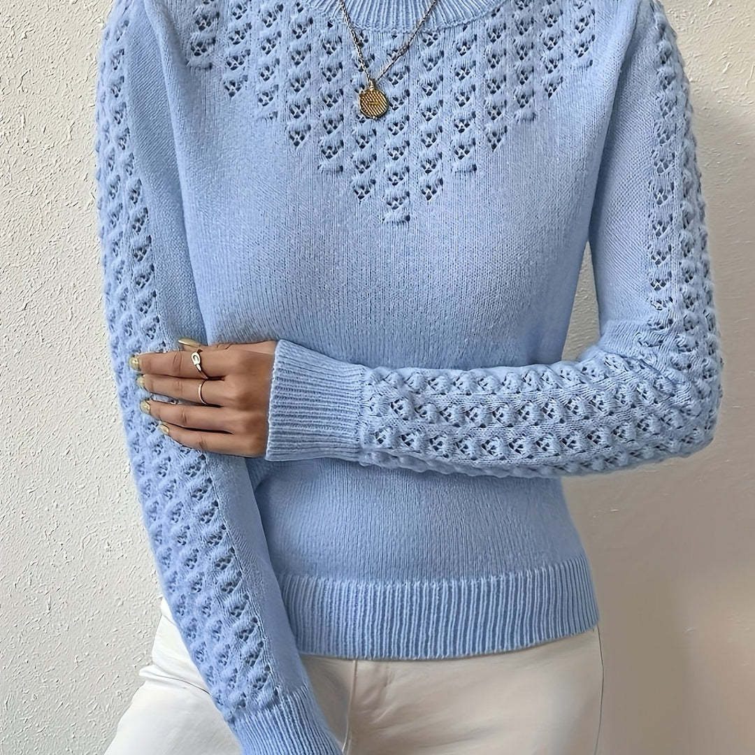 Fenara | Women's Pointelle Knit Long Sleeve Sweater - Baby Blue - Image 1