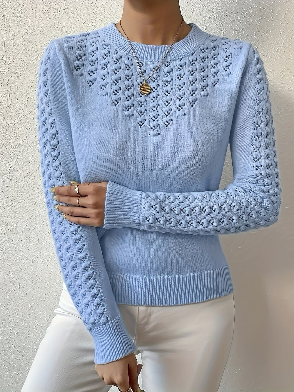 Fenara | Women's Pointelle Knit Long Sleeve Sweater - Baby Blue - Image 2